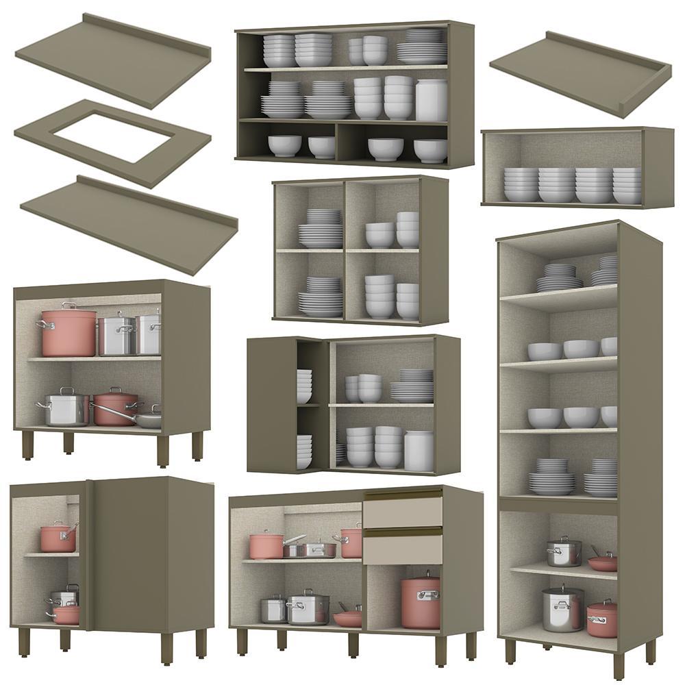 Cozinha Completa de Canto 9 Peças Connect Duna/Cristal com Cristaleira e Aéreo Vidro - Móveis Henn