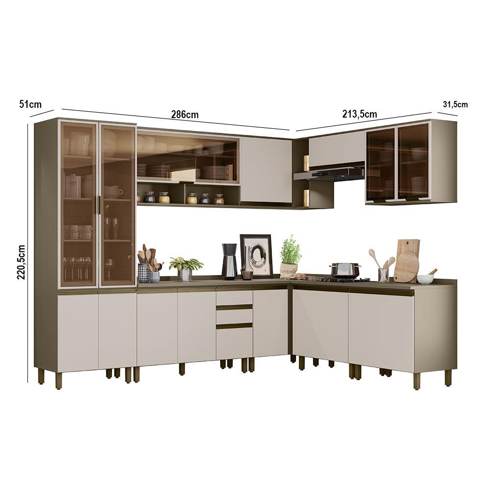 Cozinha Completa de Canto 9 Peças Connect Duna/Cristal com Cristaleira e Aéreo Vidro - Móveis Henn