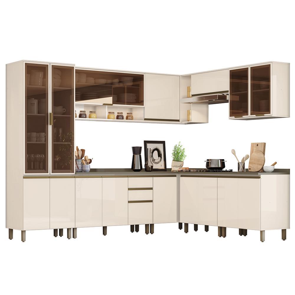 Cozinha Completa de Canto 9 Peças Connect Off White com Cristaleira e Aéreo Vidro - Móveis Henn