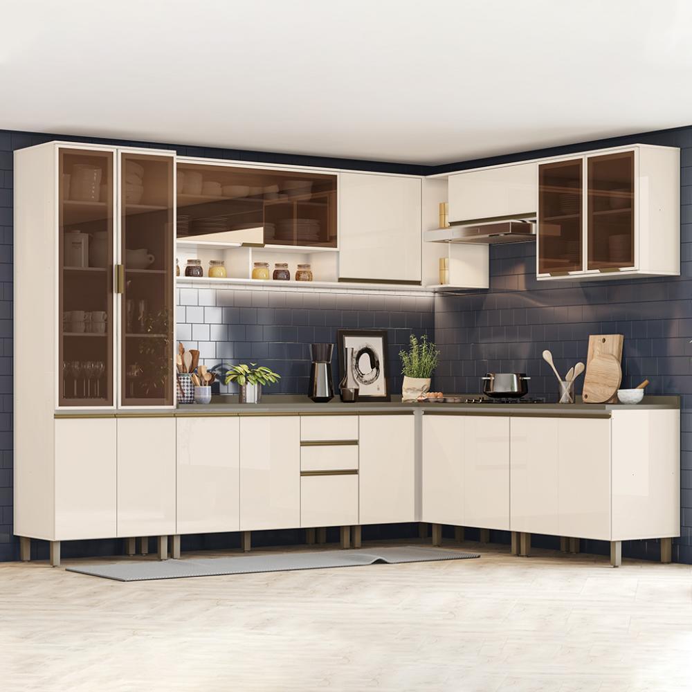 Cozinha Completa de Canto 9 Peças Connect Off White com Cristaleira e Aéreo Vidro - Móveis Henn