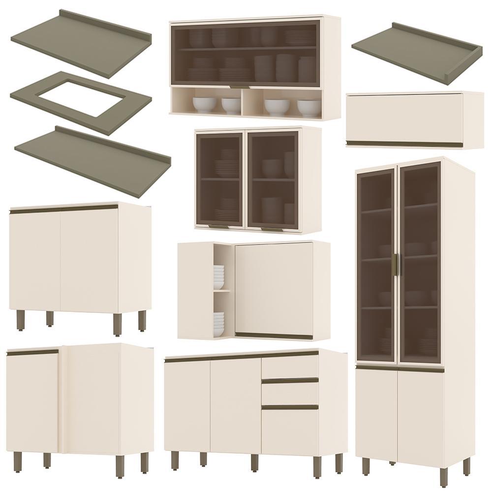 Cozinha Completa de Canto 9 Peças Connect Off White com Cristaleira e Aéreo Vidro - Móveis Henn