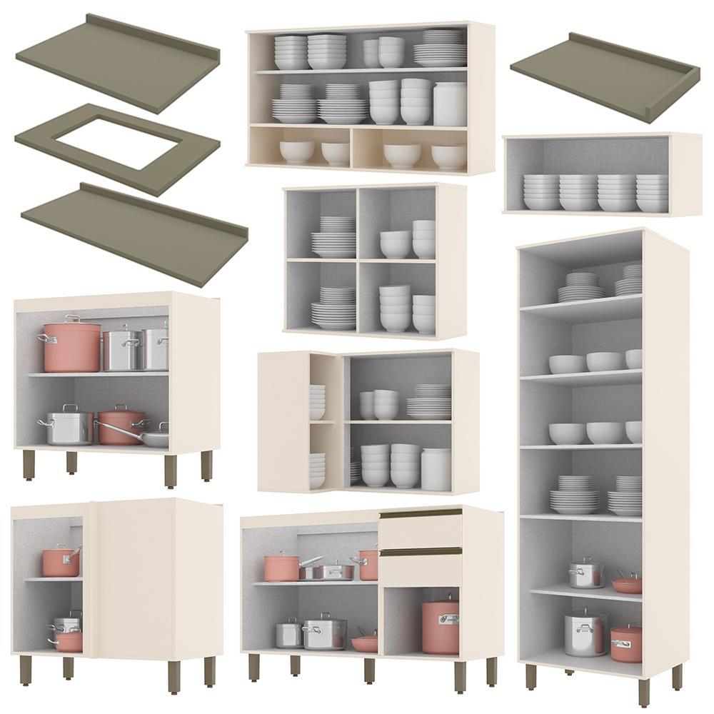 Cozinha Completa de Canto 9 Peças Connect Off White com Cristaleira e Aéreo Vidro - Móveis Henn