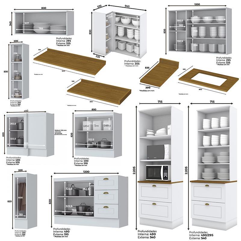 Cozinha Completa de Canto Americana 10 Peças Branco Tampo Nature - Móveis Henn