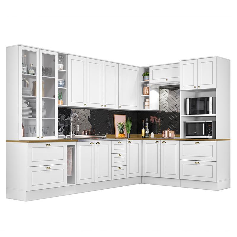 Cozinha Completa de Canto Americana 10 Peças Branco com Cristaleira e Tampo Nature - Móveis Henn