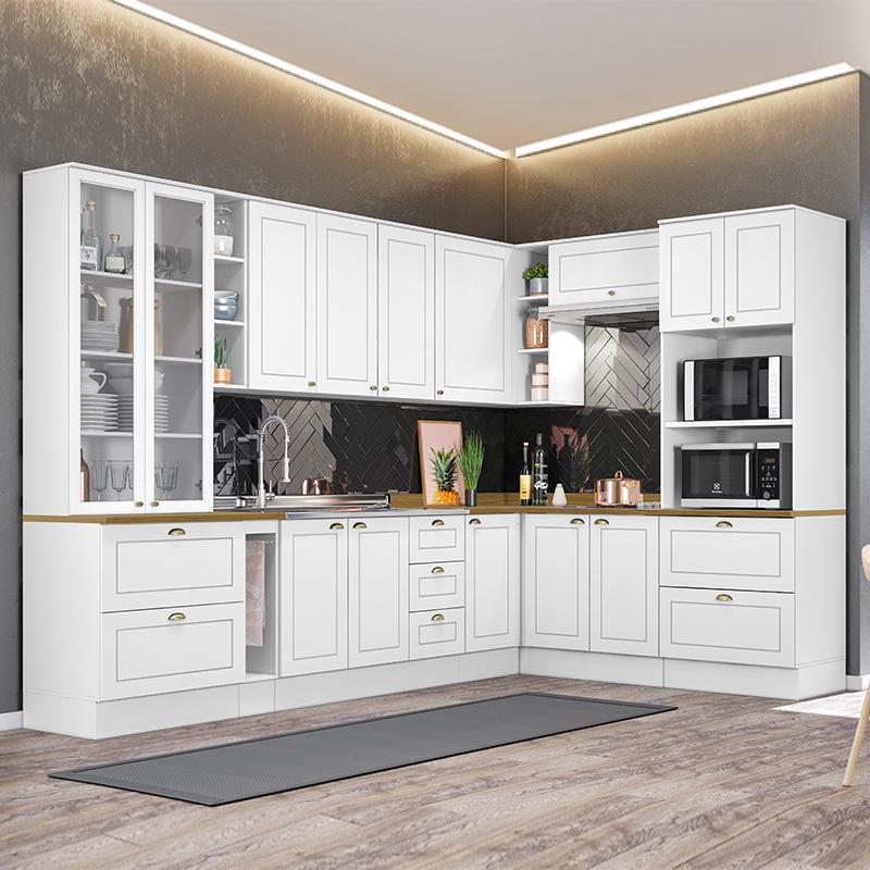 Cozinha Completa de Canto Americana 10 Peças Branco com Cristaleira e Tampo Nature - Móveis Henn