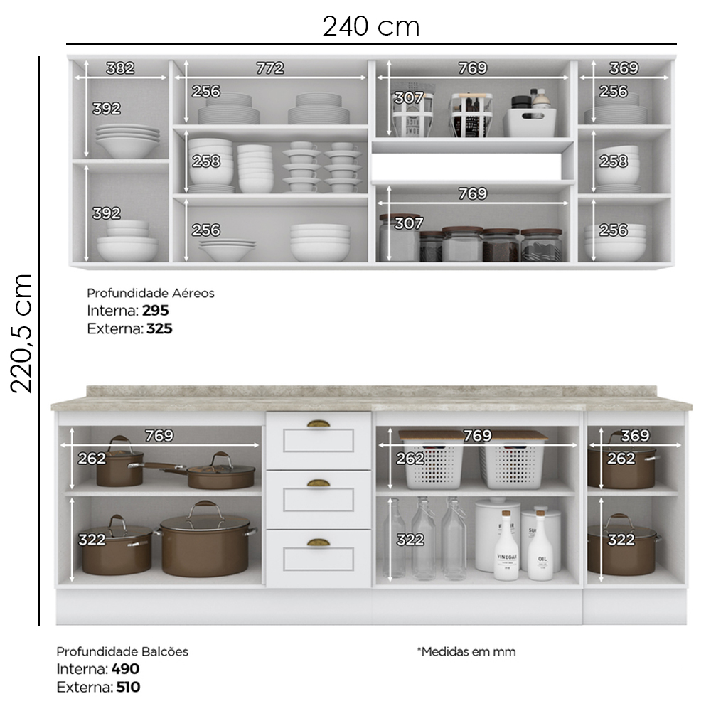 Cozinha Modulada 10 Pecas 240 cm CE792 Americana Branco Calcare Henn