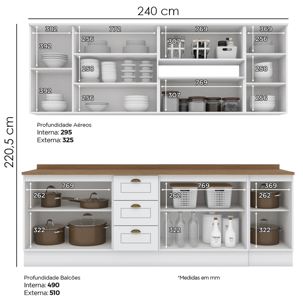 Cozinha Modulada 10 Pecas 240 cm CE792 Americana Branco Nature Henn