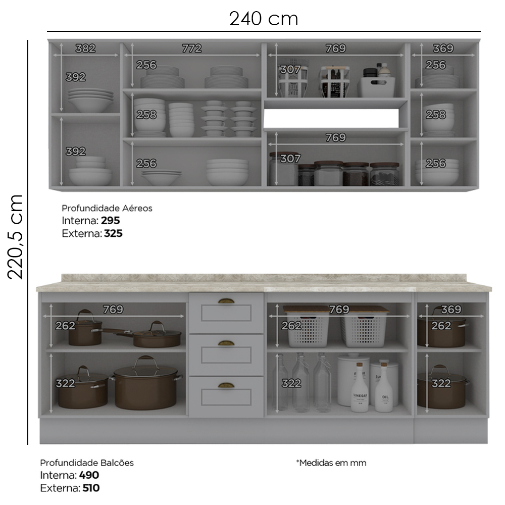 Cozinha Modulada 10 Pecas 240 cm CE792 Americana Cinza Calcare Henn