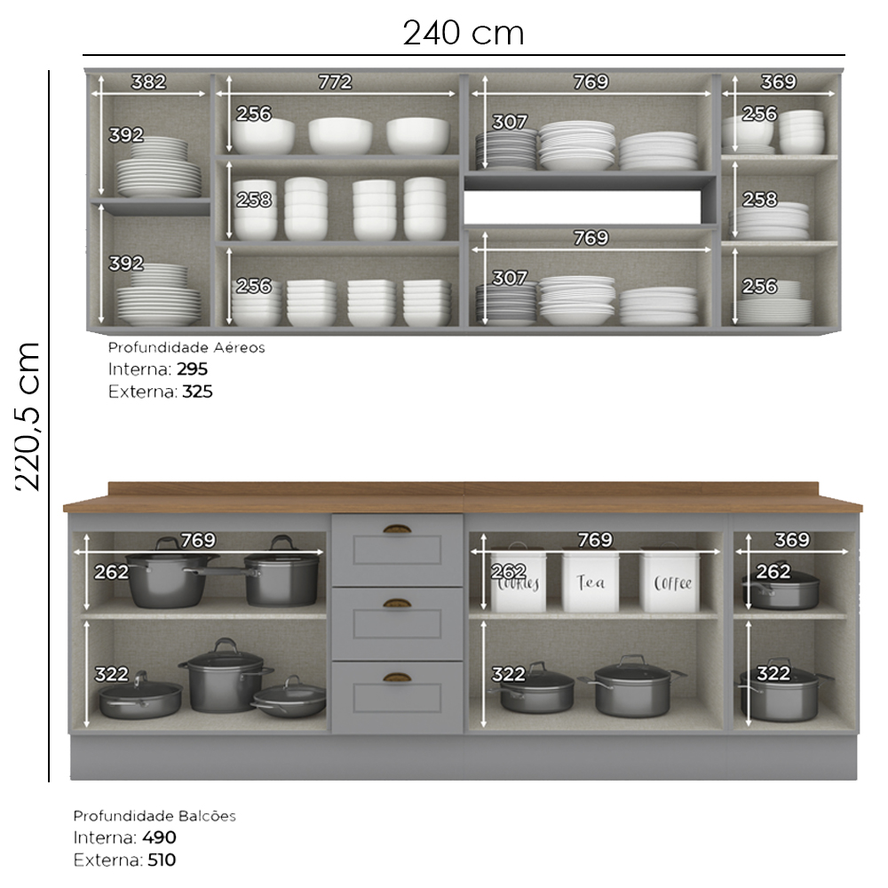 Cozinha Modulada 10 Pecas 240 cm CE792 Americana Cinza Nature Henn