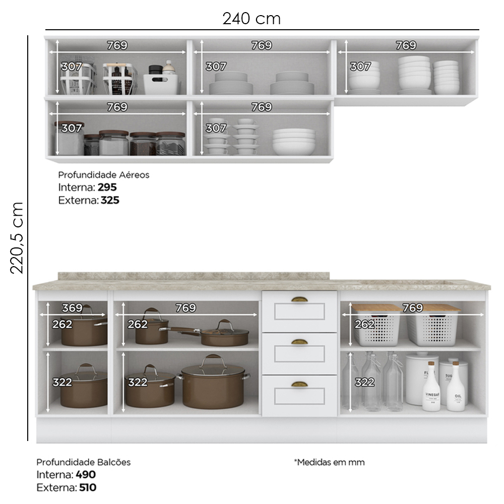 Cozinha Modulada 11 Pecas 240 cm CE381 Americana Branco Calcare Henn