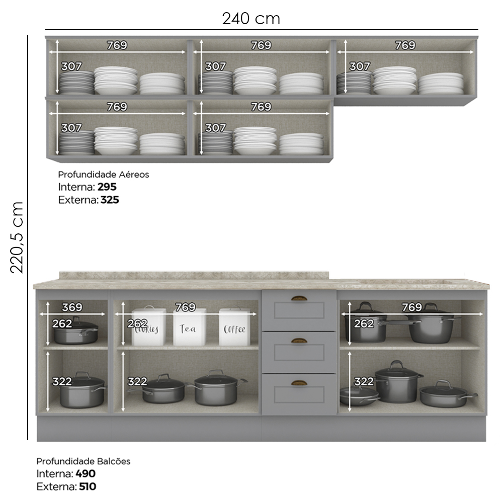 Cozinha Modulada 11 Pecas 240 cm CE381 Americana Cinza Calcare Henn