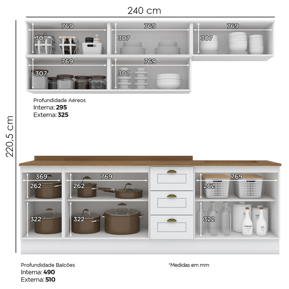 Cozinha Modulada 11 Pecas 240cm CE381 Americana Branco Nature Henn