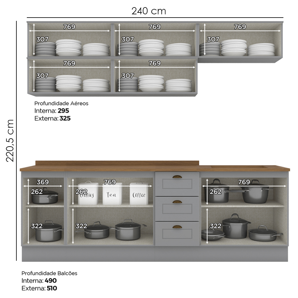 Cozinha Modulada 11 Pecas 240cm CE381 Americana Cinza Nature Henn