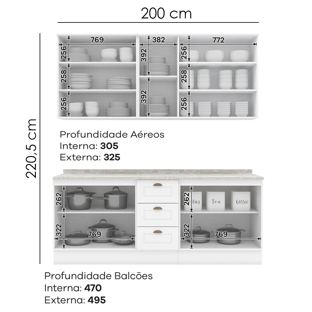 Cozinha Modulada 200 cm CE854 Americana Branco Calcare Henn