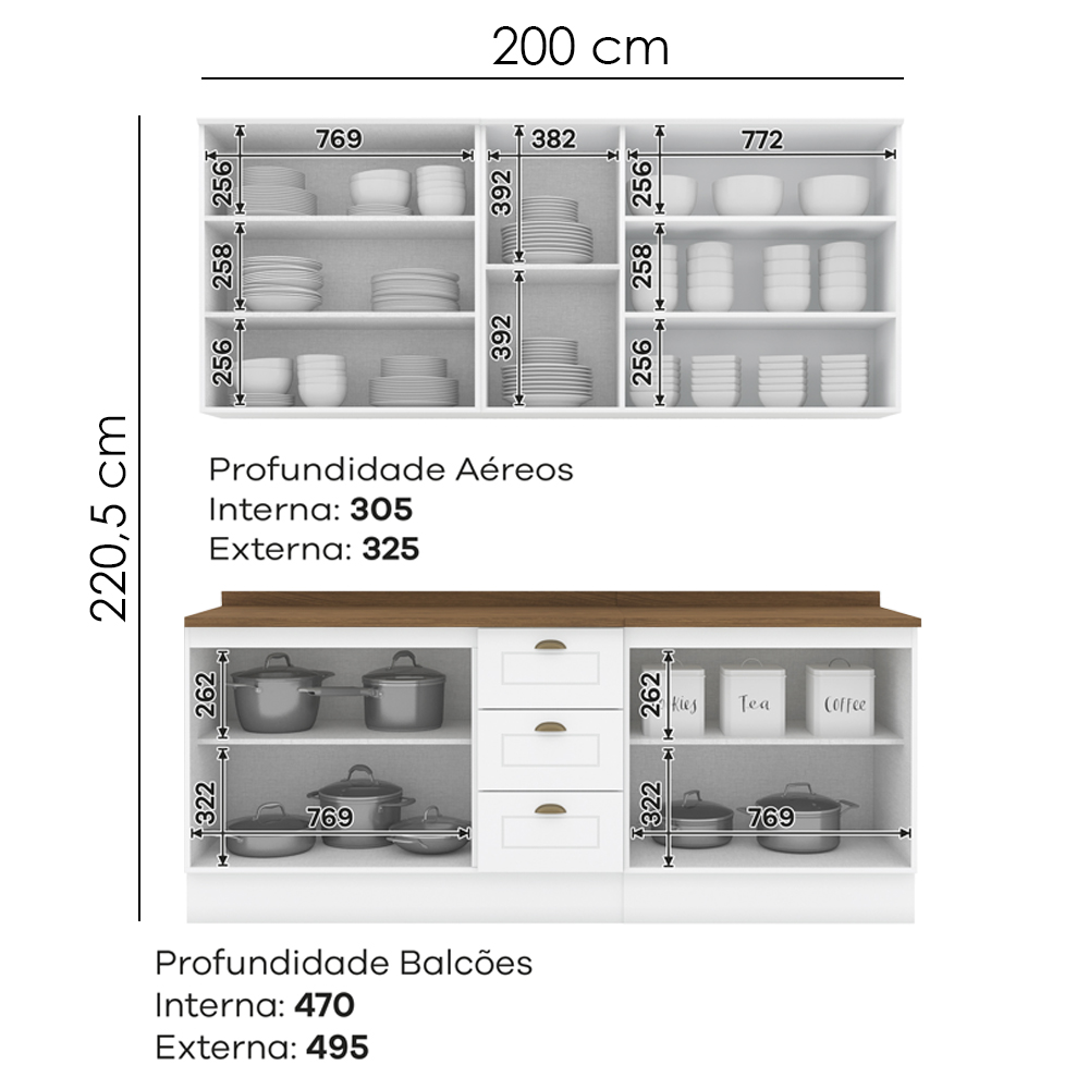 Cozinha Modulada 200 cm CE854 Americana Branco Nature Henn