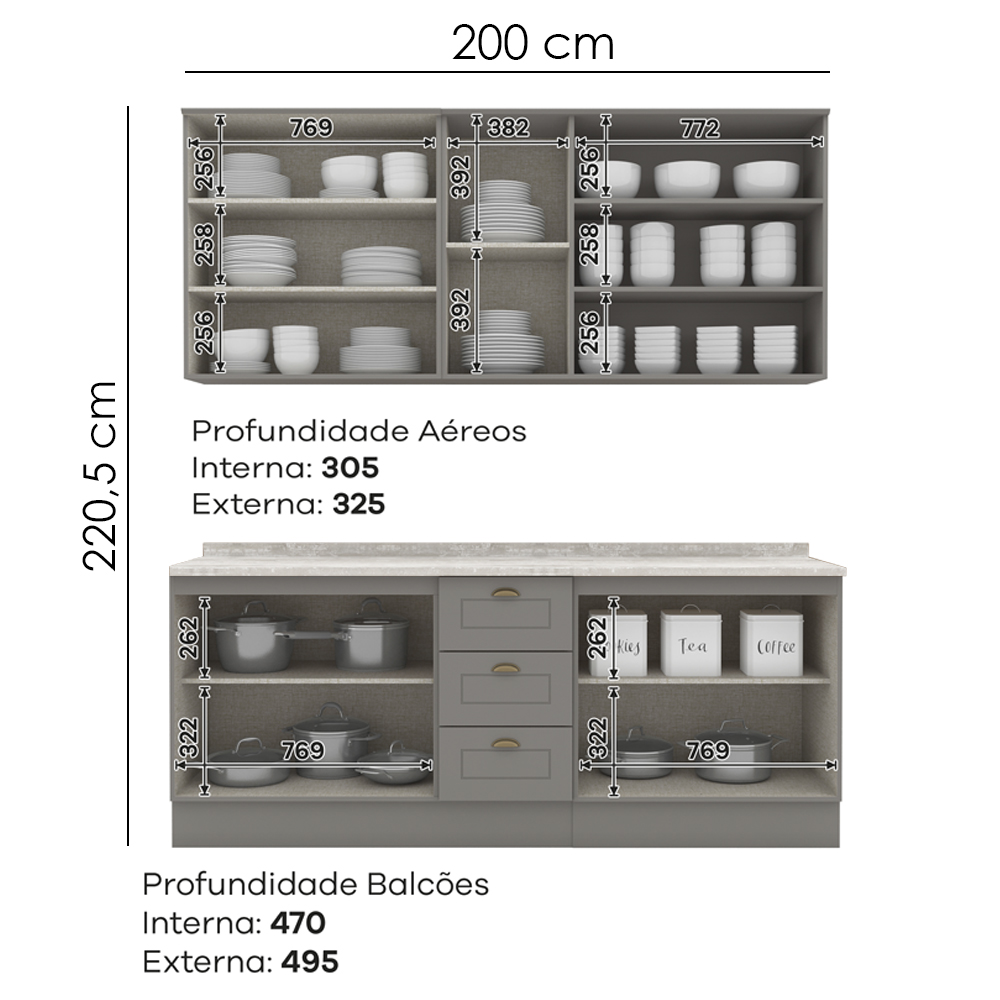 Cozinha Modulada 200 cm CE854 Americana Cinza Calcare Henn