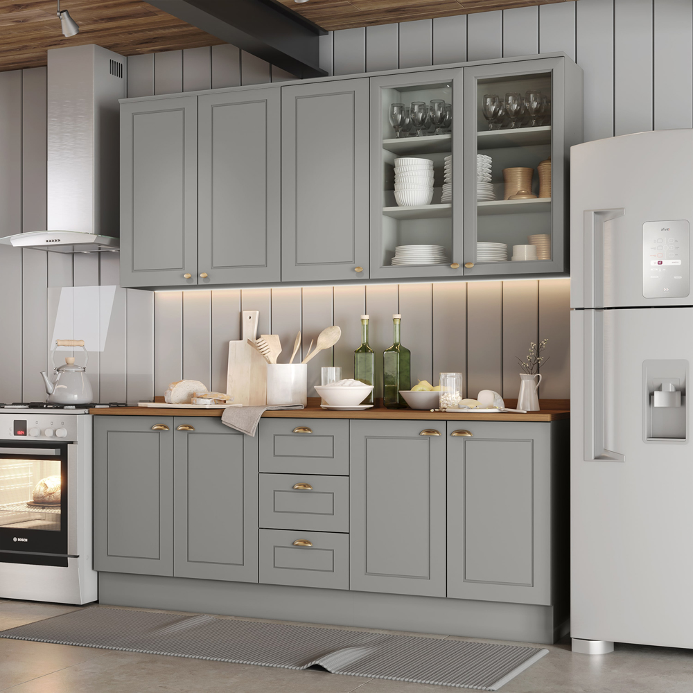 Cozinha Modulada 200 cm CE854 Americana Cinza Nature Henn
