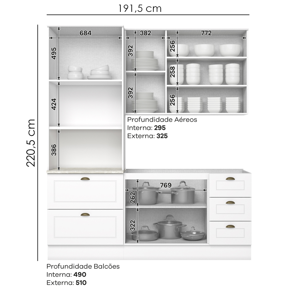 Cozinha Modulada 3 Pecas 192 cm CE759 Americana Branco Calcare Henn