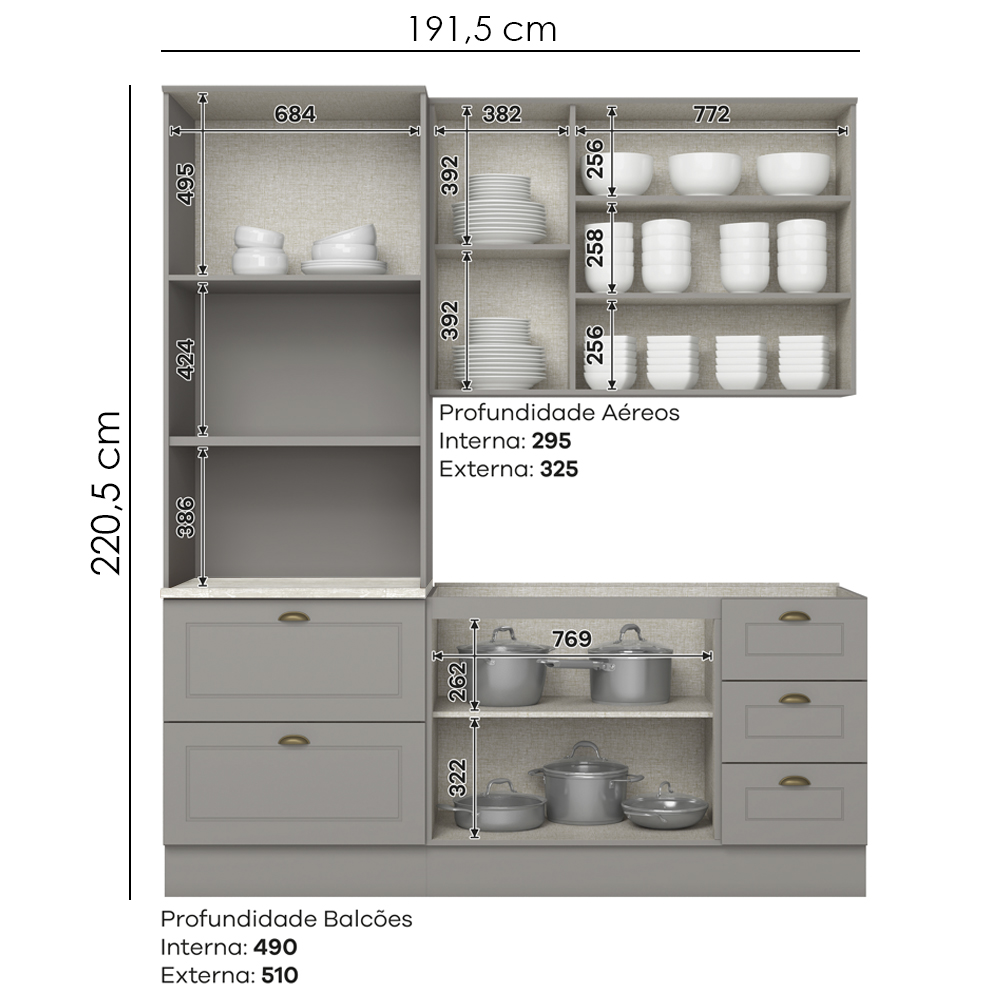 Cozinha Modulada 3 Pecas 192 cm CE759 Americana Cinza Calcare Henn