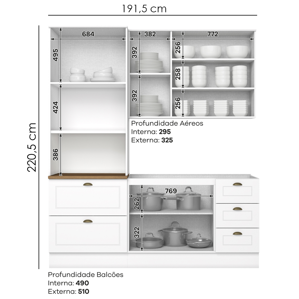 Cozinha Modulada 3 Pecas 192cm CE759 Americana Branco Nature Henn