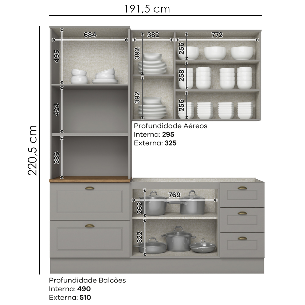 Cozinha Modulada 3 Pecas 192cm CE759 Americana Cinza Nature Henn