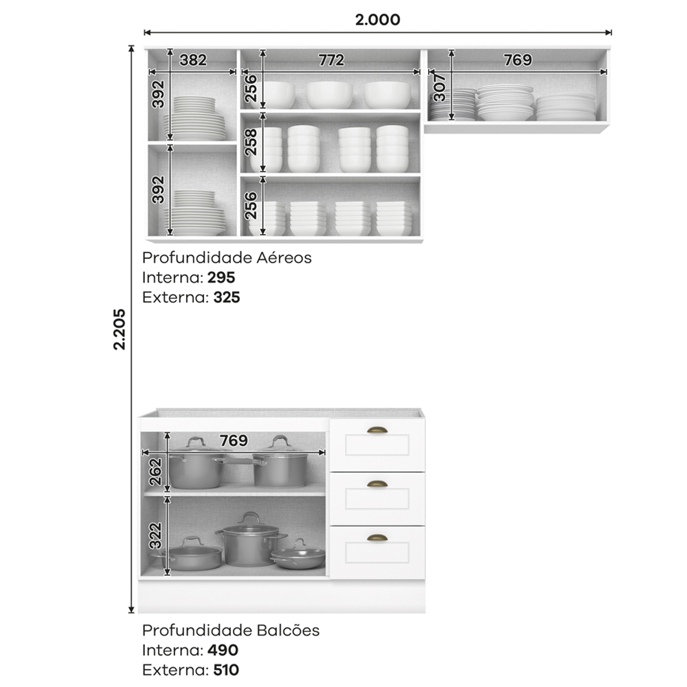 Cozinha Modulada 3P Balcao Sem Tampo 200 cm Americana Branco Henn