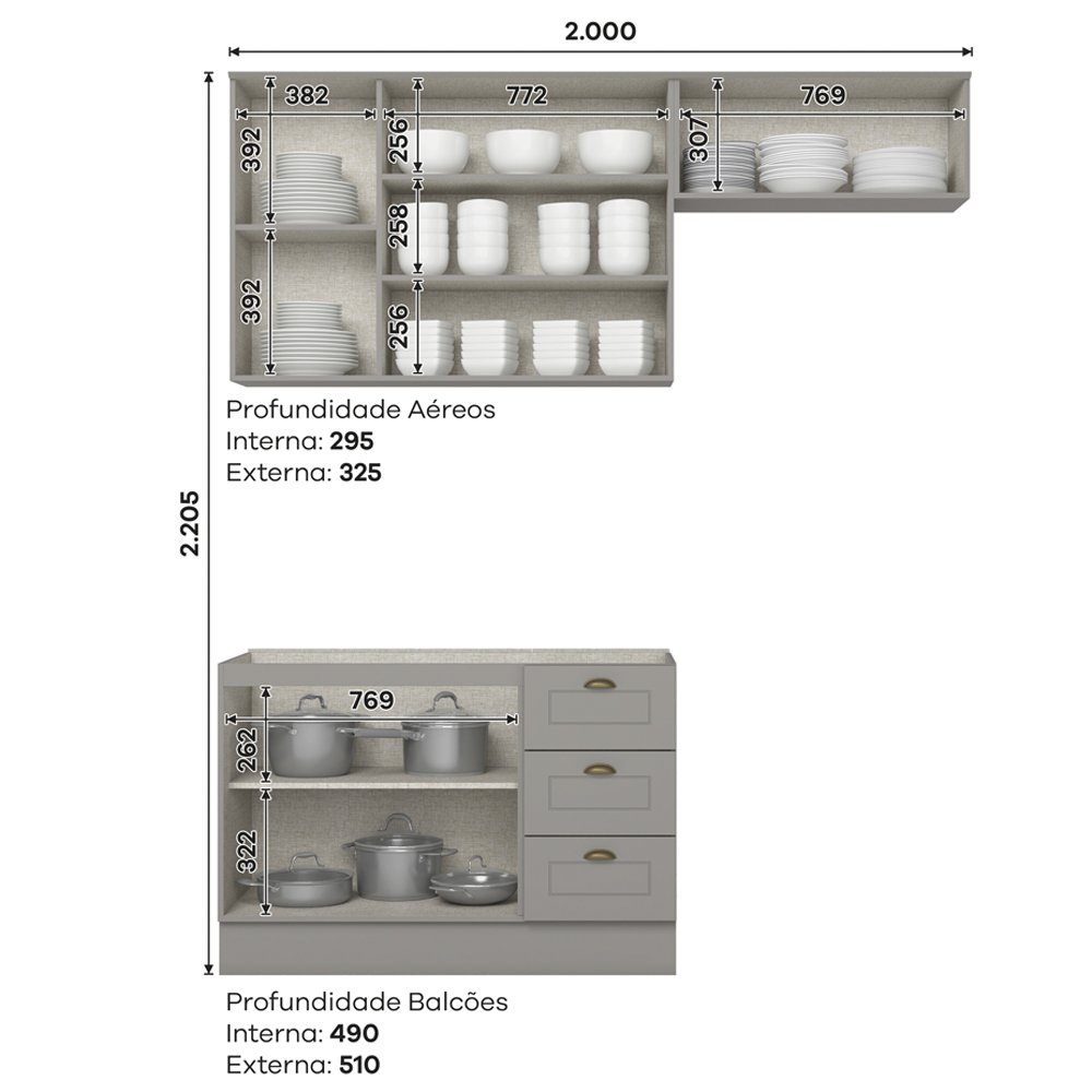 Cozinha Modulada 3P Balcao Sem Tampo 200 cm Americana Cinza Henn