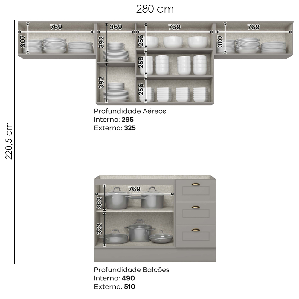 Cozinha Modulada 4 Pecas 280 cm CE757 Americana Cinza Henn