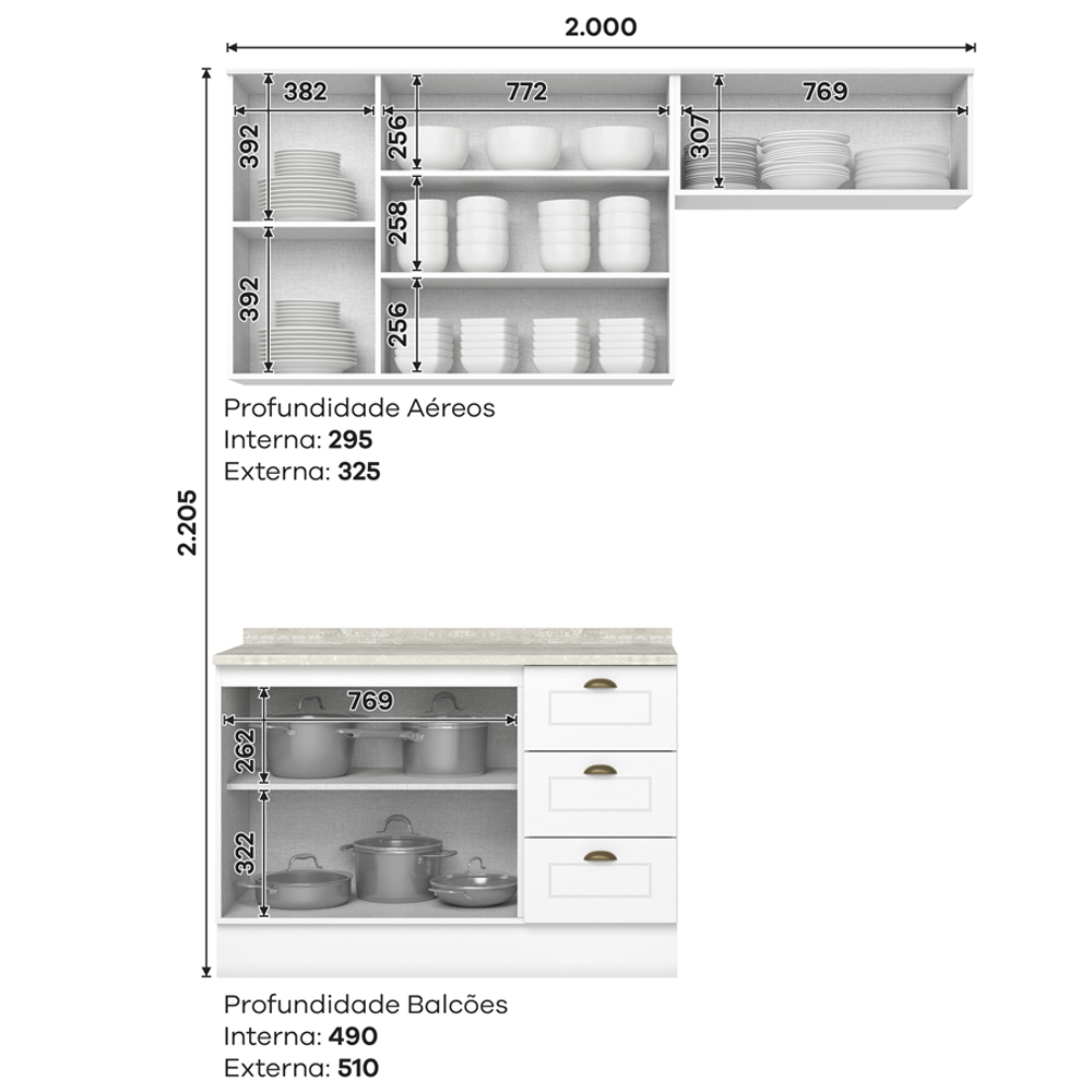 Cozinha Modulada 4P Balcao Tampo 200 cm Americana Branco Calcare Henn