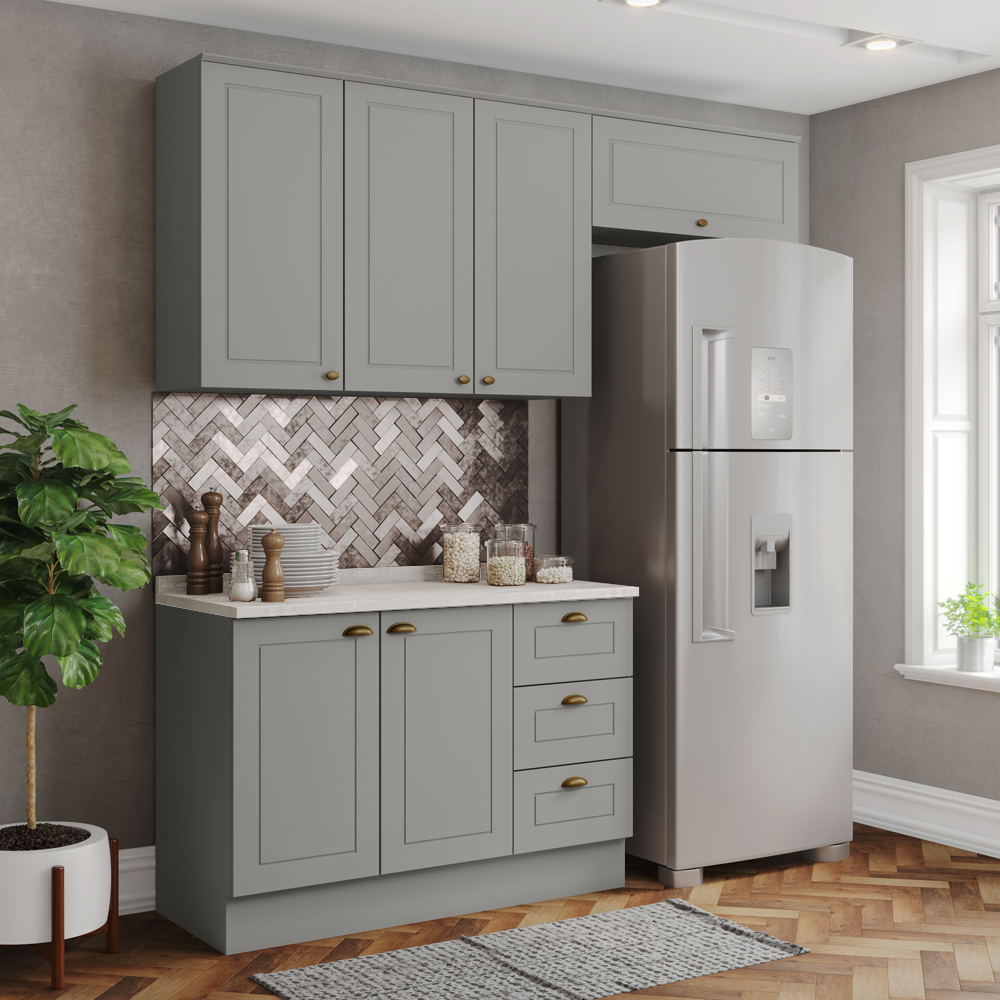 Cozinha Modulada 4P Balcao Tampo 200 cm Americana Cinza Calcare Henn
