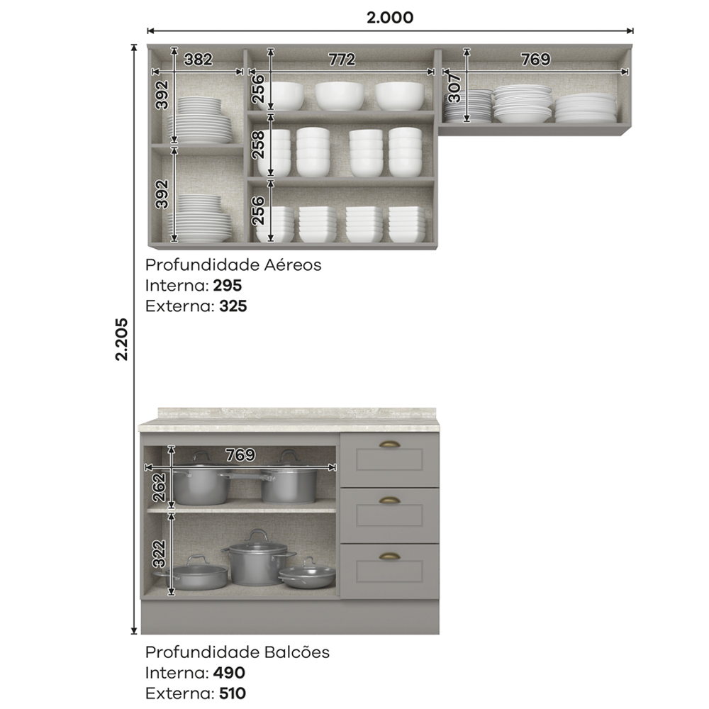 Cozinha Modulada 4P Balcao Tampo 200 cm Americana Cinza Calcare Henn