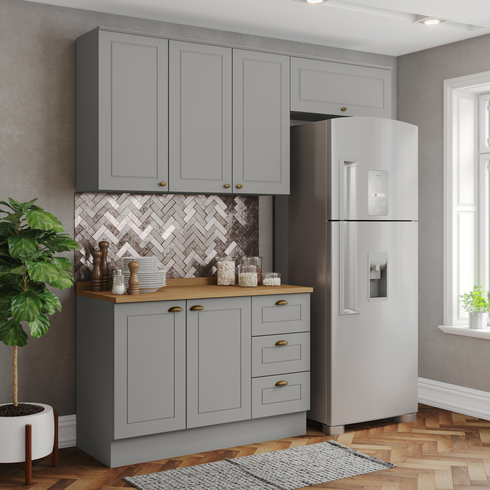 Cozinha Modulada 4P Balcao Tampo 200cm Americana Cinza Nature Henn