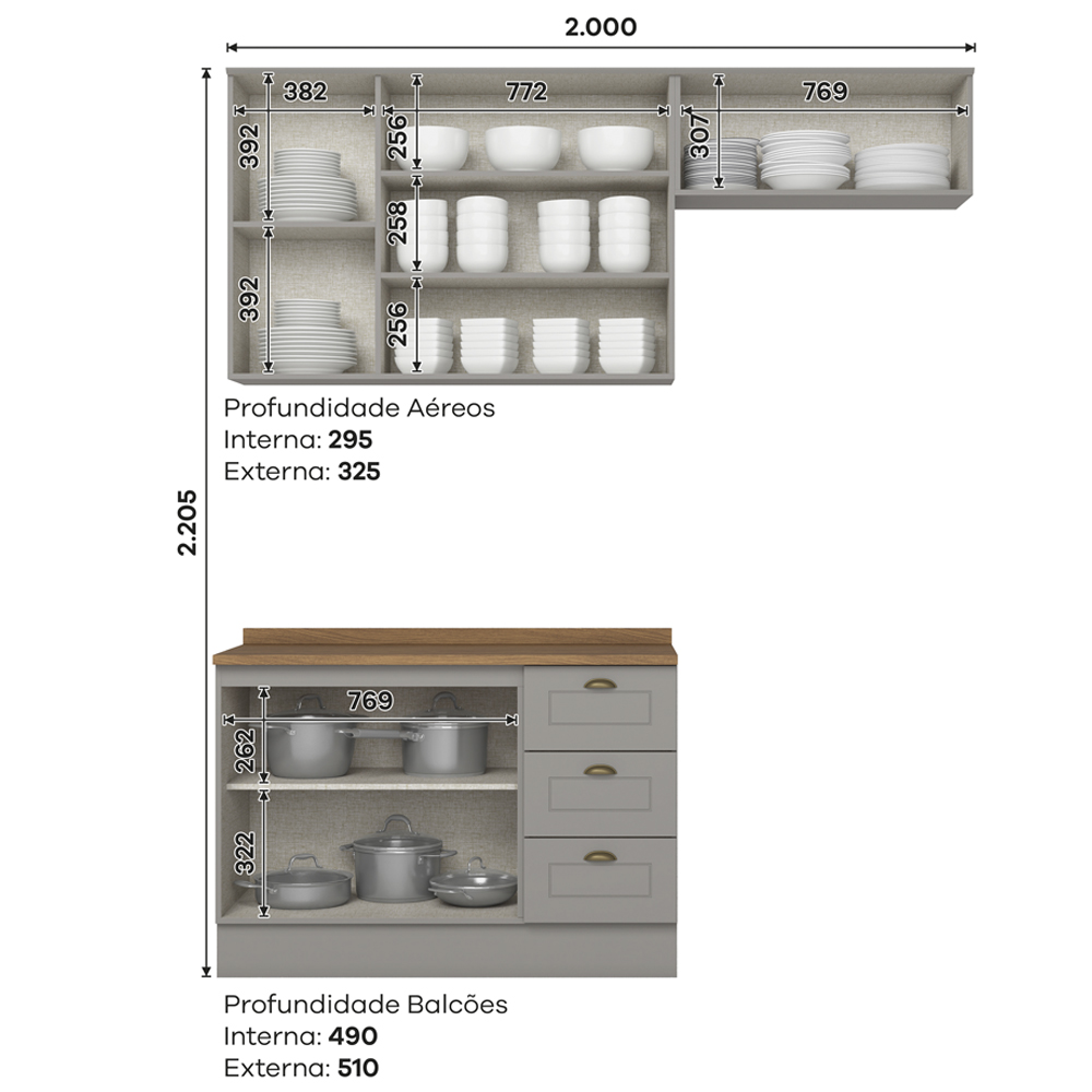 Cozinha Modulada 4P Balcao Tampo 200cm Americana Cinza Nature Henn