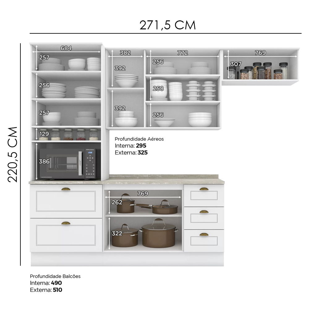 Cozinha Modulada 5 Pecas 272 cm CE171 Americana Branco Calcare Henn