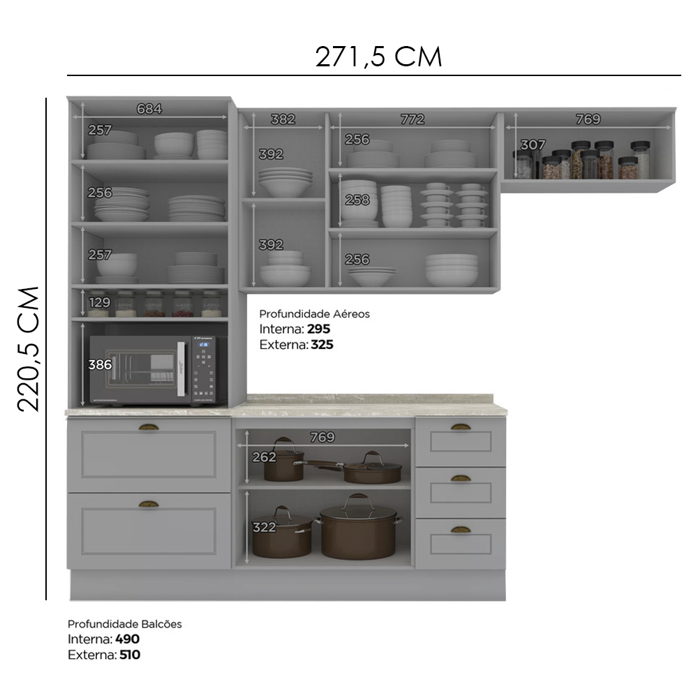 Cozinha Modulada 5 Pecas 272 cm CE171 Americana Cinza Calcare Henn