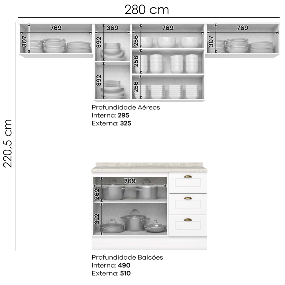 Cozinha Modulada 5 Pecas 280 cm Americana Branco Calcare Henn
