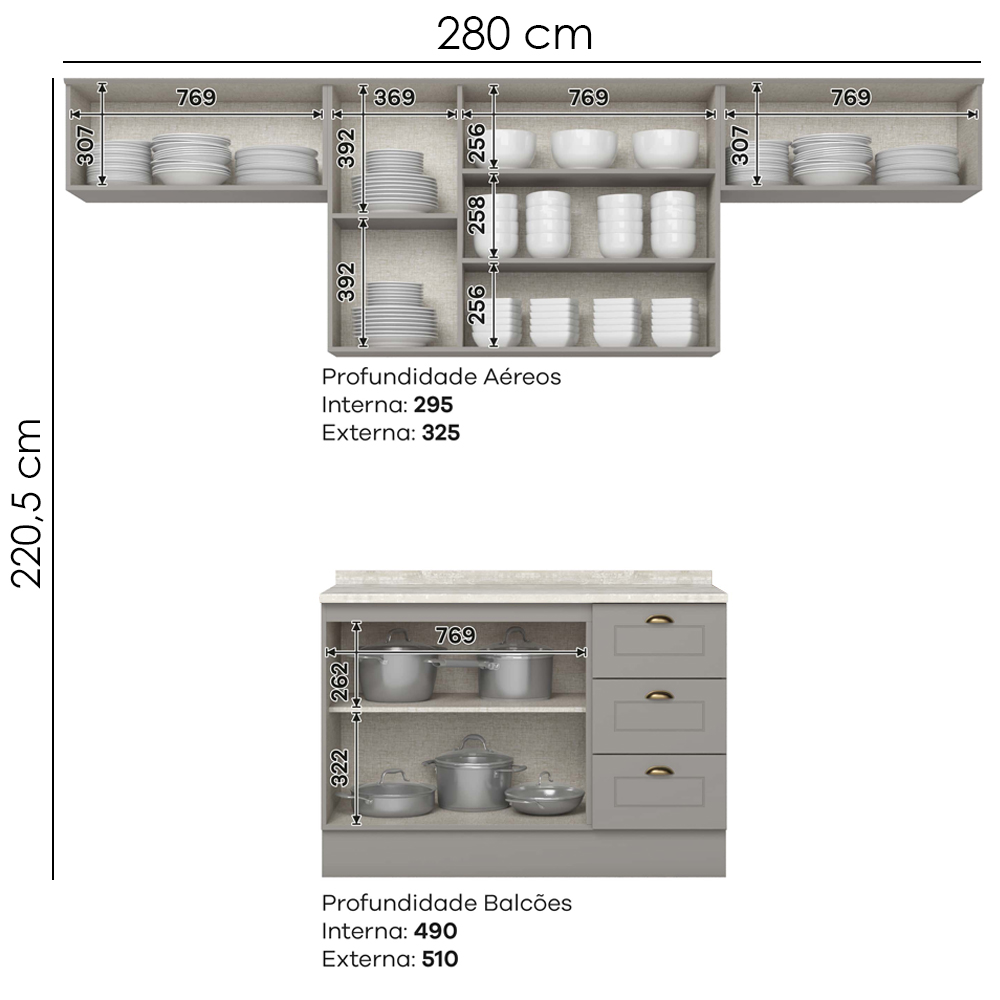 Cozinha Modulada 5 Pecas 280 cm Americana Cinza Calcare Henn