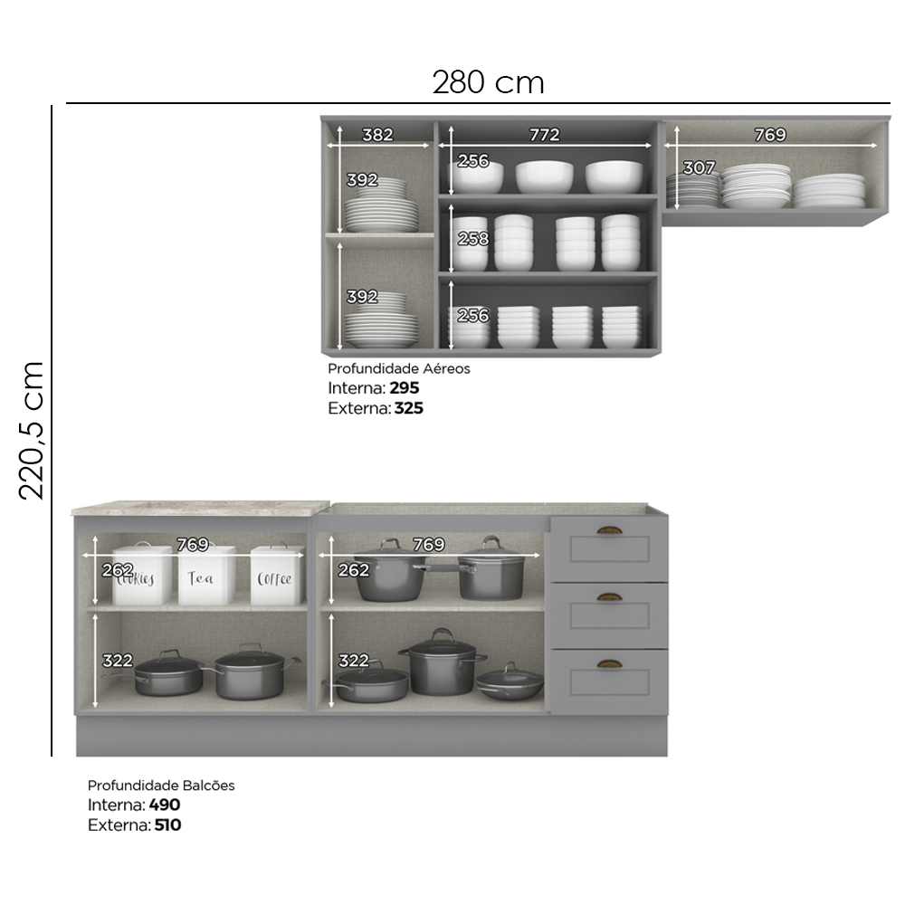 Cozinha Modulada 5 Pecas 280 cm CE379 Americana Cinza Calcare Henn