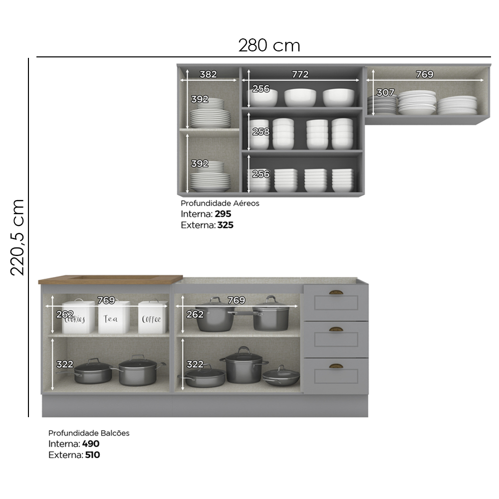 Cozinha Modulada 5 Pecas 280 cm CE379 Americana Cinza Nature Henn