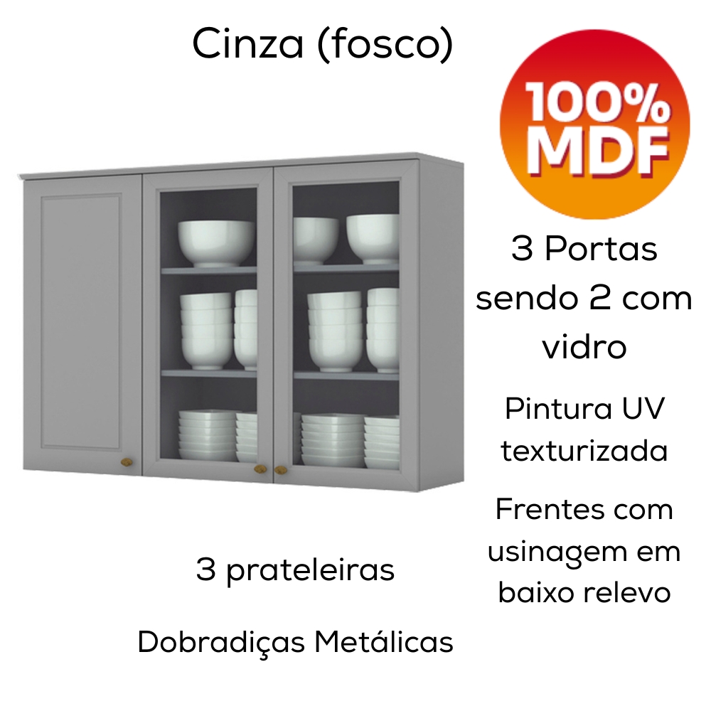 Cozinha Modulada 5 Pecas 280 cm CE379 Americana Cinza Nature Henn