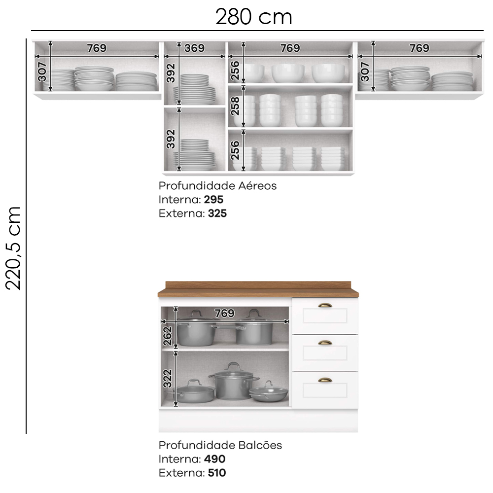 Cozinha Modulada 5 Pecas 280cm Americana Branco Nature Henn