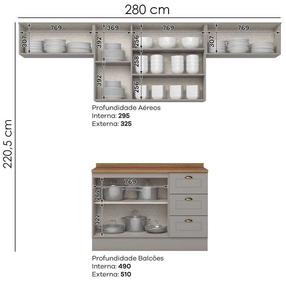 Cozinha Modulada 5 Pecas 280cm Americana Cinza Nature Henn