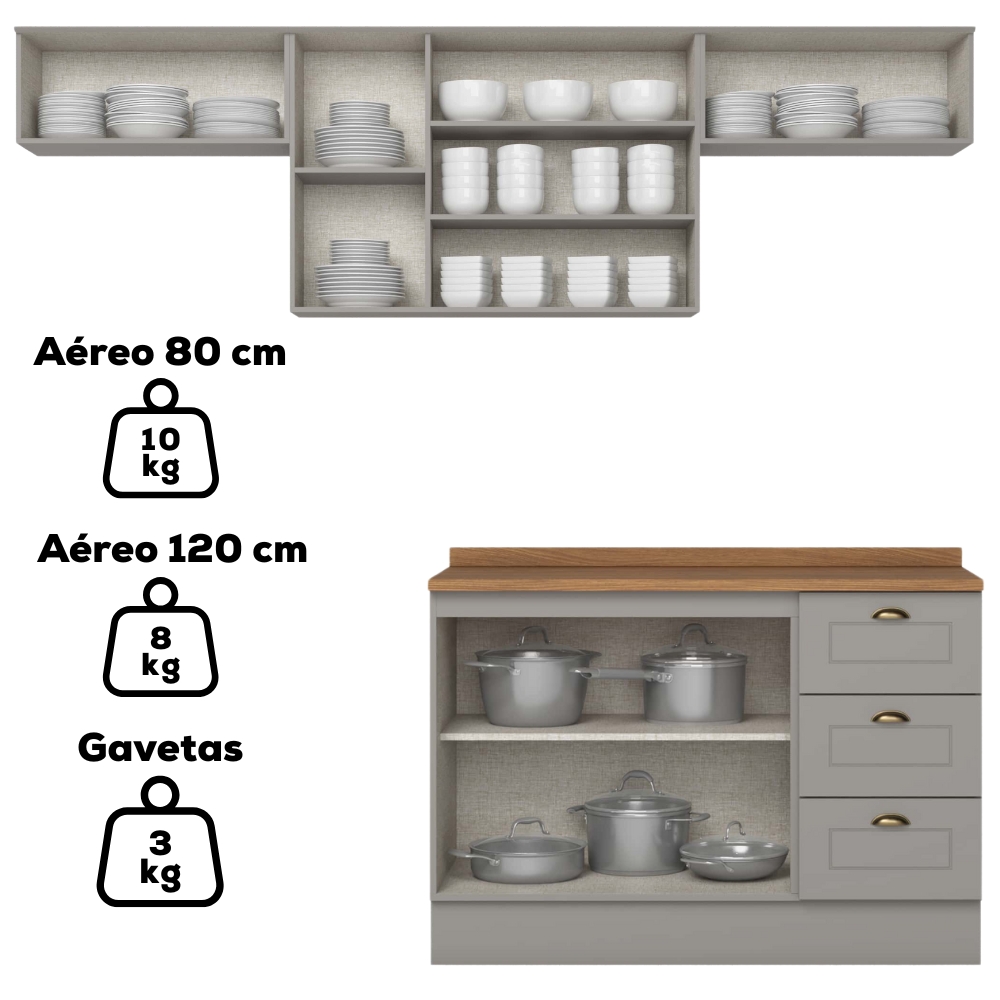 Cozinha Modulada 5 Pecas 280cm Americana Cinza Nature Henn
