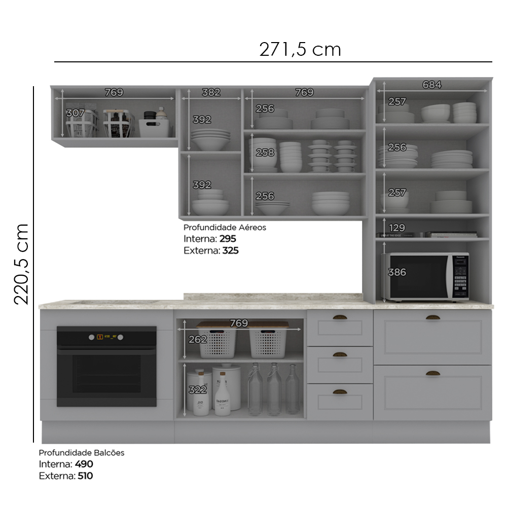 Cozinha Modulada 7 Pecas 272 cm CE790 Americana Cinza Calcare Henn