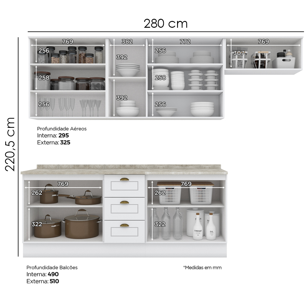 Cozinha Modulada 7 Pecas 280 cm CE791 Americana Branco Calcare Henn