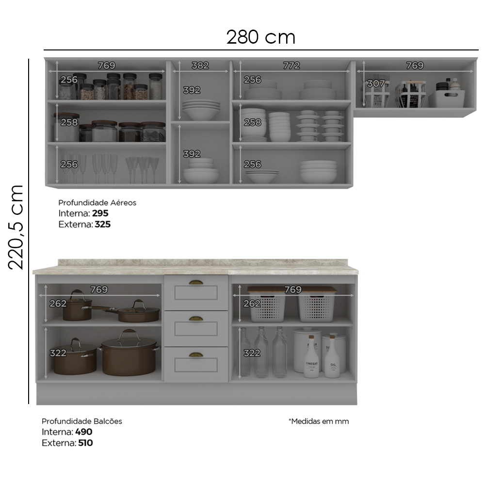 Cozinha Modulada 7 Pecas 280 cm CE791 Americana Cinza Calcare Henn