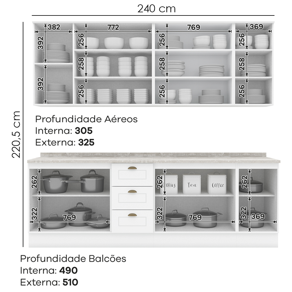 Cozinha Modulada 9 Pecas 240 cm CE856 Americana Branco Calcare Henn