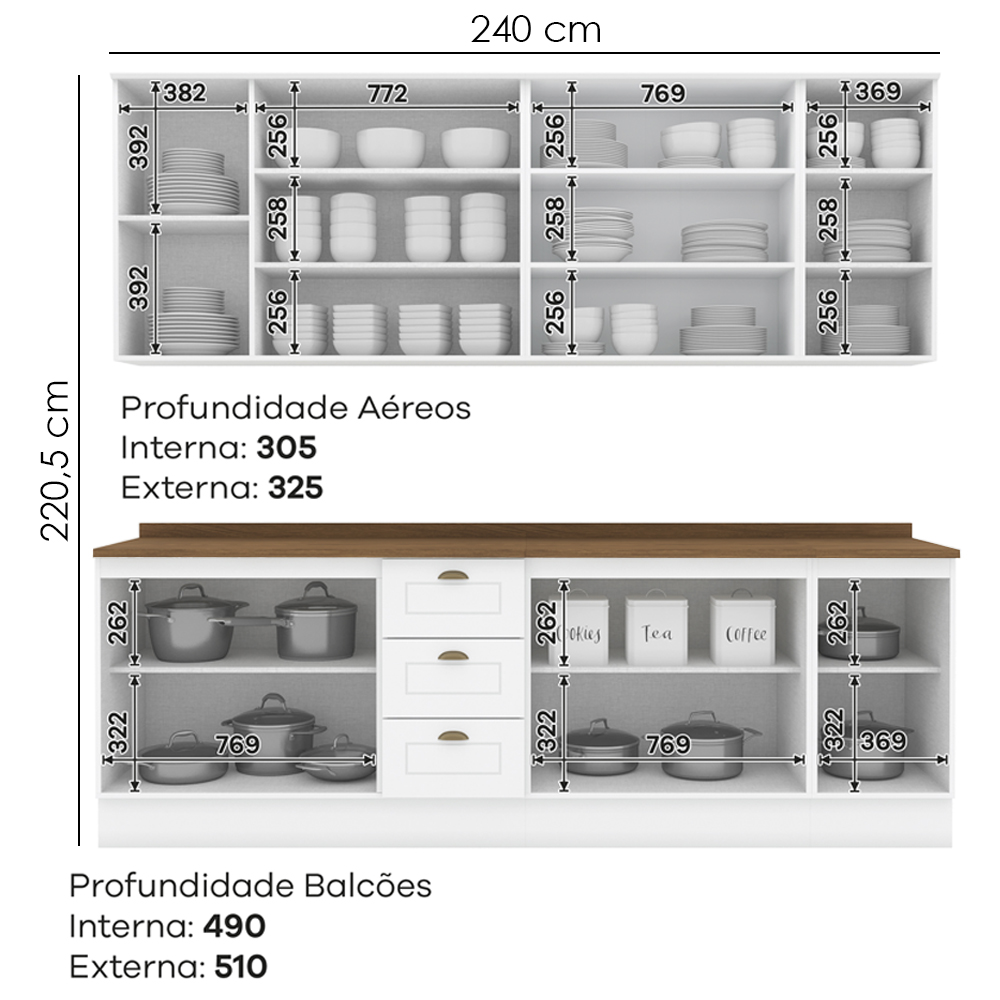 Cozinha Modulada 9 Pecas 240 cm CE856 Americana Branco Nature Henn