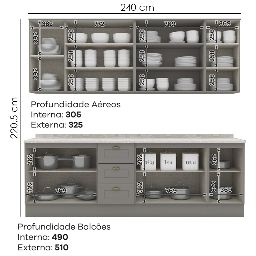 Cozinha Modulada 9 Pecas 240 cm CE856 Americana Cinza Calcare Henn