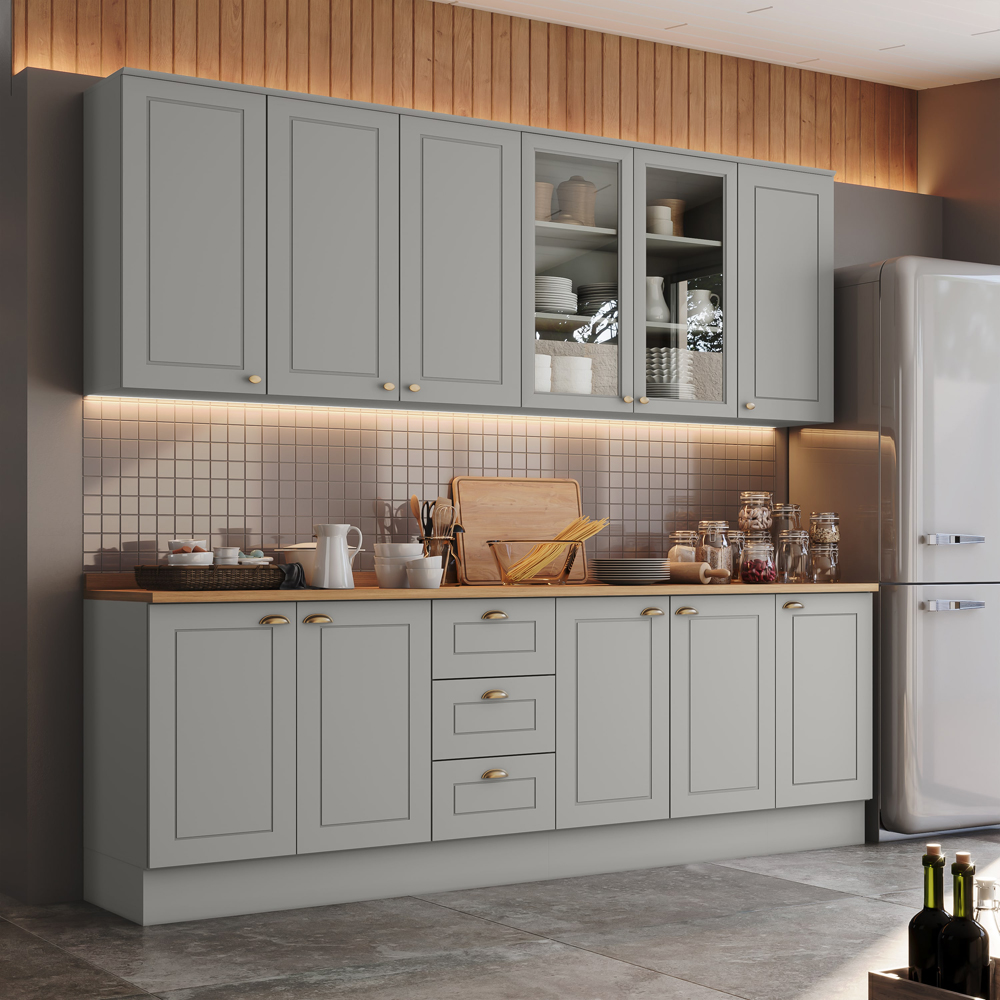 Cozinha Modulada 9 Pecas 240 cm CE856 Americana Cinza Nature Henn